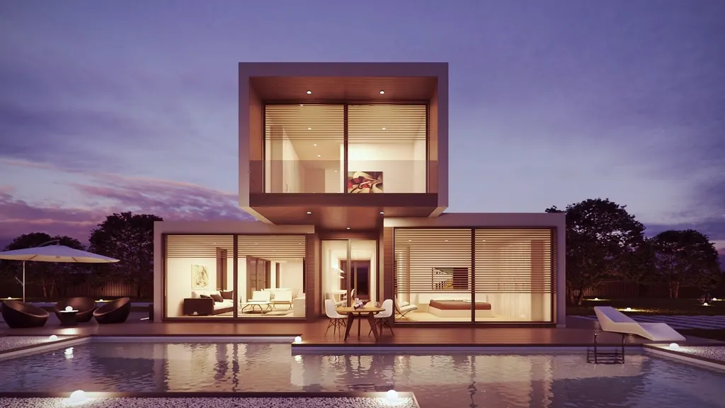 A modern house and pool terrace at dusk